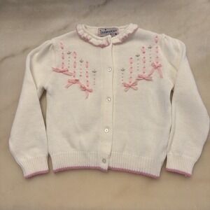 Vtg Celebration Girls White w/ Pink Floral Button Up Cardigan Sweater Sz Sm (4)
